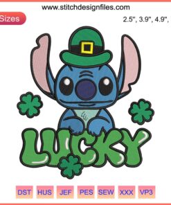 Disney Stitch Lucky Embroidery Design featuring St. Patrick's Day shamrocks; Stitch character in green theme. Digitizing file.