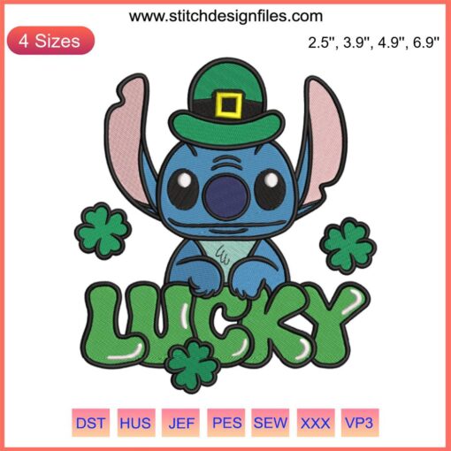 Disney Stitch Lucky Embroidery Design featuring St. Patrick's Day shamrocks; Stitch character in green theme. Digitizing file.