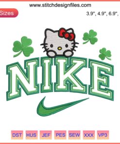 Hello Kitty St Patrick's Day x Nike embroidery design with shamrocks, perfect for festive embroidery digitizing files.