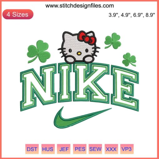 Hello Kitty St Patrick's Day x Nike embroidery design with shamrocks, perfect for festive embroidery digitizing files.