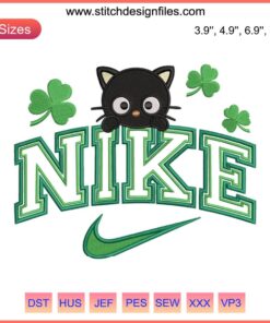 Chococat St. Patrick's Day Nike Embroidery Design: Chococat with shamrocks, green accents, perfect for festive stitching projects.