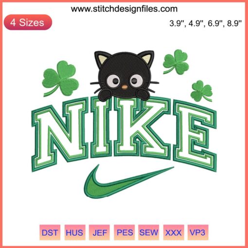 Chococat St. Patrick's Day Nike Embroidery Design: Chococat with shamrocks, green accents, perfect for festive stitching projects.