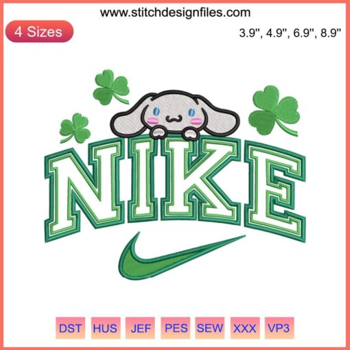 Cinnamoroll St. Patrick's Day Nike Embroidery Design: Cinnamoroll with Shamrocks, Digital Stitching, Cute NIKE Collaboration