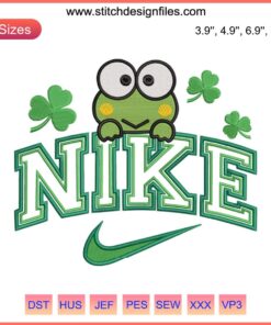 Keroppi St. Patrick's Day Embroidery: Nike x Keroppi with Shamrocks, Digital Stitch Design, Festive Frog Motif.
