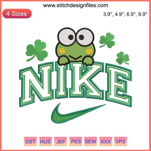 Keroppi St. Patrick's Day Embroidery: Nike x Keroppi with Shamrocks, Digital Stitch Design, Festive Frog Motif.