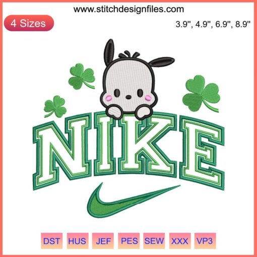 Pochacco St. Patrick's Day x Nike Embroidery Design featuring Pochacco with shamrocks for digital embroidery.