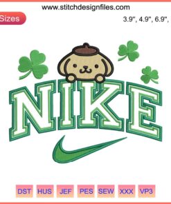 Pompompurin in St. Patrick's Day Nike sneakers with shamrocks, vibrant embroidery design, kawaii digital pattern.