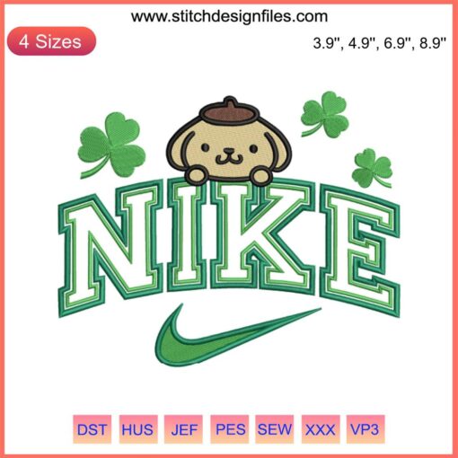 Pompompurin in St. Patrick's Day Nike sneakers with shamrocks, vibrant embroidery design, kawaii digital pattern.