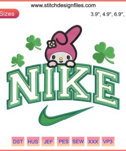 Cute My Melody and Shamrocks Nike Embroidery Design, St. Patrick’s Day Theme, Digital Stitching, Festive My Melody Pattern