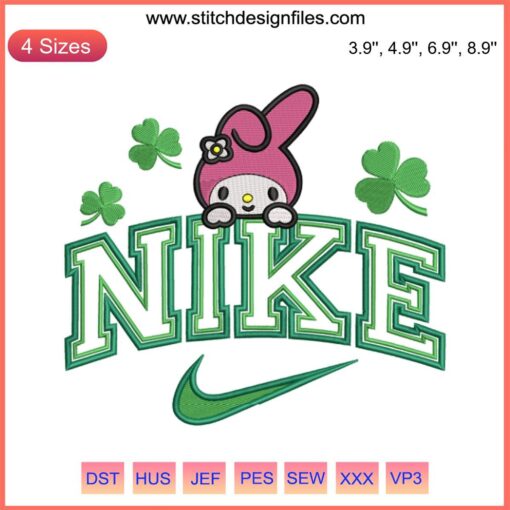 Cute My Melody and Shamrocks Nike Embroidery Design, St. Patrick’s Day Theme, Digital Stitching, Festive My Melody Pattern