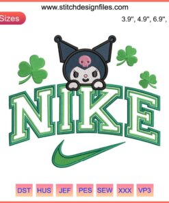 Kuromi St. Patrick's Day Nike Embroidery Design: Kuromi with Shamrocks, playful digital stitching embroidery pattern.