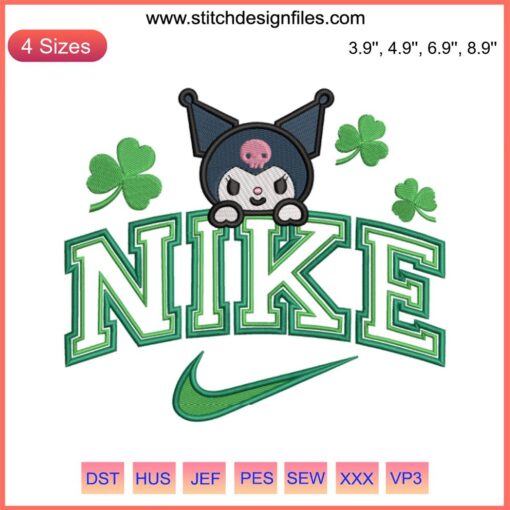 Kuromi St. Patrick's Day Nike Embroidery Design: Kuromi with Shamrocks, playful digital stitching embroidery pattern.