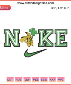 Pikachu with Four Leaf Clover, Nike logo embroidery design, Pokemon St. Patrick’s Day digital stitching pattern.