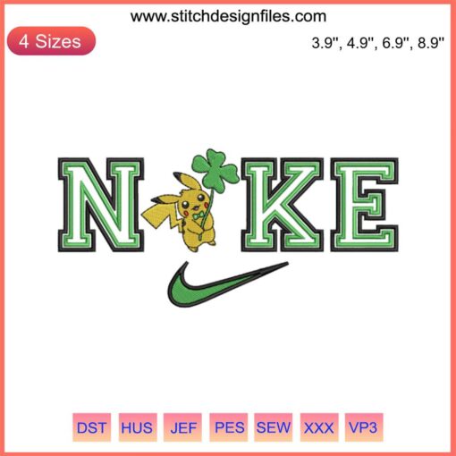 Pikachu with Four Leaf Clover, Nike logo embroidery design, Pokemon St. Patrick’s Day digital stitching pattern.