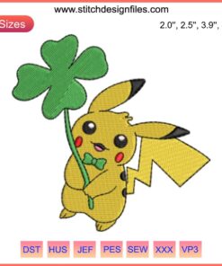 Pikachu with Shamrock Embroidery Design, St. Patrick's Day Craft, Digital Stitching Pattern, Festive DIY Decor