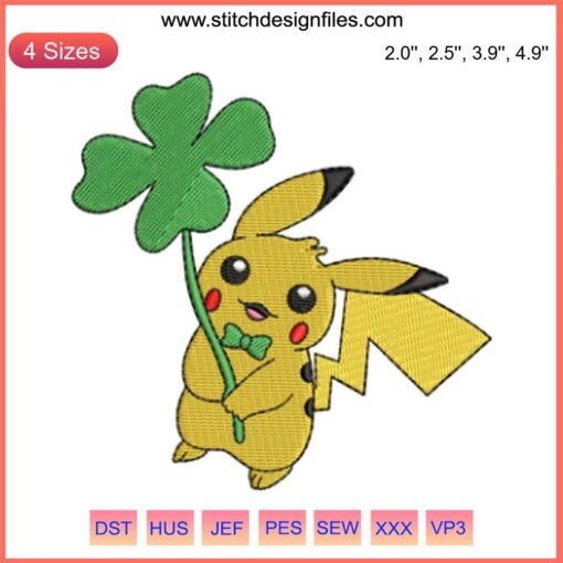 Pikachu with Shamrock Embroidery Design, St. Patrick's Day Craft, Digital Stitching Pattern, Festive DIY Decor