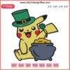 Pikachu Leprechaun embroidery design; St. Patrick's Day; Pot of gold; Digital stitching; Pokemon themed decoration.