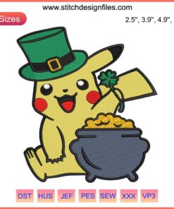 Pikachu Leprechaun embroidery design; St. Patrick's Day; Pot of gold; Digital stitching; Pokemon themed decoration.