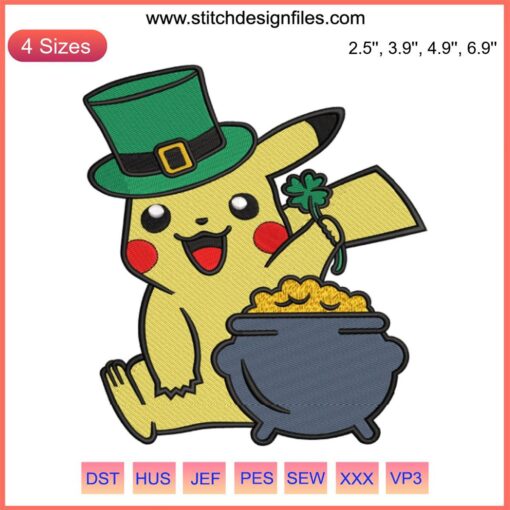 Pikachu Leprechaun embroidery design; St. Patrick's Day; Pot of gold; Digital stitching; Pokemon themed decoration.