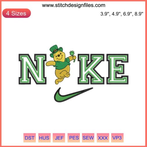 Pooh Bear St. Patrick's Day x Nike Embroidery Design: Winnie the Pooh with Shamrock, Digital Stitching Pattern