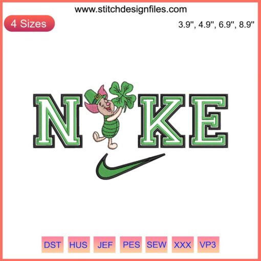 Piglet Shamrock Embroidery Design | St. Patrick's Day Nike Logo | Cute Disney Digital Stitch | Festive Embroidery Pattern