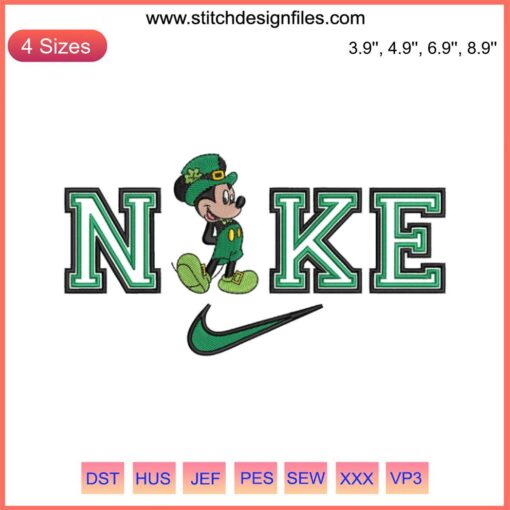 Mickey St. Patrick's Day Nike Embroidery: Leprechaun Mickey Mouse Digital Stitching Design, Perfect for Festive Projects.