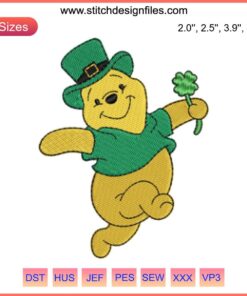 Winnie The Pooh St. Patrick's Day embroidery design with Pooh wearing a green hat and holding a shamrock, festive digital stitching.