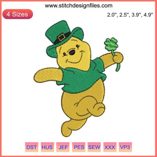 Winnie The Pooh St. Patrick's Day embroidery design with Pooh wearing a green hat and holding a shamrock, festive digital stitching.