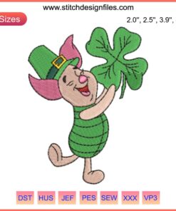 Cute Disney Piglet St. Patrick's Day Embroidery Design featuring Piglet holding a shamrock, perfect for festive digital stitching projects.