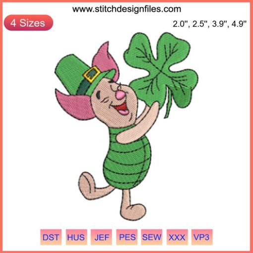 Cute Disney Piglet St. Patrick's Day Embroidery Design featuring Piglet holding a shamrock, perfect for festive digital stitching projects.