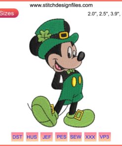 Leprechaun Mickey Mouse Embroidery Design - Disney St. Patrick's Day Stitching with Mickey in a green suit and hat.