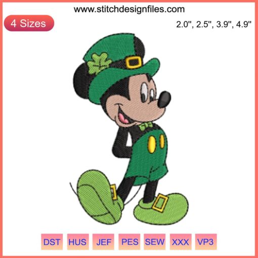 Leprechaun Mickey Mouse Embroidery Design - Disney St. Patrick's Day Stitching with Mickey in a green suit and hat.