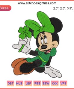 Cute Minnie Mouse Shamrock Embroidery Design | St. Patrick's Day Stitch, Green Hat & Bow, Digital Sewing Pattern, Festive Decor.