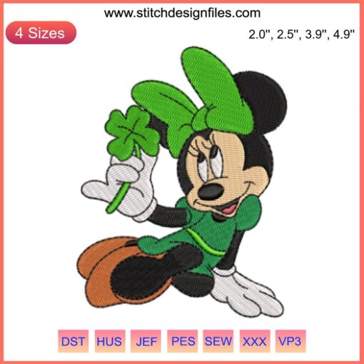 Cute Minnie Mouse Shamrock Embroidery Design | St. Patrick's Day Stitch, Green Hat & Bow, Digital Sewing Pattern, Festive Decor.