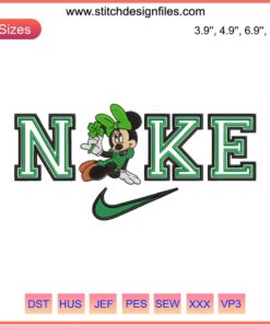 Nike Minnie Shamrock Embroidery Design featuring Disney's Minnie Mouse in a St. Patrick's Day theme with shamrocks.