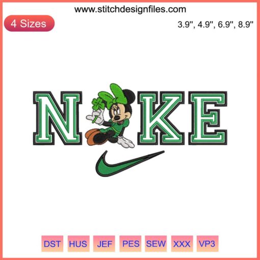 Nike Minnie Shamrock Embroidery Design featuring Disney's Minnie Mouse in a St. Patrick's Day theme with shamrocks.