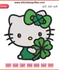 Hello Kitty Shamrock Embroidery Design - Cute Kitty St. Patrick's Day Stitching with Green Clover, Perfect for Festive Crafts