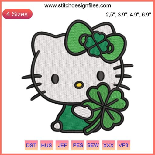 Hello Kitty Shamrock Embroidery Design - Cute Kitty St. Patrick's Day Stitching with Green Clover, Perfect for Festive Crafts