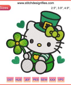 Hello Kitty with Leprechaun Hat Embroidery Design | Shamrock St. Patrick's Day Digital Stitching | Cute Festive Pattern
