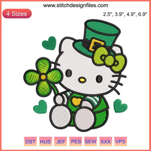 Hello Kitty with Leprechaun Hat Embroidery Design | Shamrock St. Patrick's Day Digital Stitching | Cute Festive Pattern