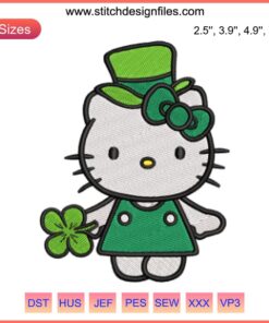 Hello Kitty Four Leaf Clover Embroidery Design, St. Patrick's Day, Cute Kitty, Digital Stitching, Festive Embroidery Pattern.