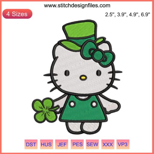 Hello Kitty Four Leaf Clover Embroidery Design, St. Patrick's Day, Cute Kitty, Digital Stitching, Festive Embroidery Pattern.