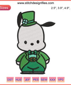 Pochacco St. Patrick's Day Embroidery Design: Sanrio's Pochacco in green hat, holding shamrock; festive digital stitching.