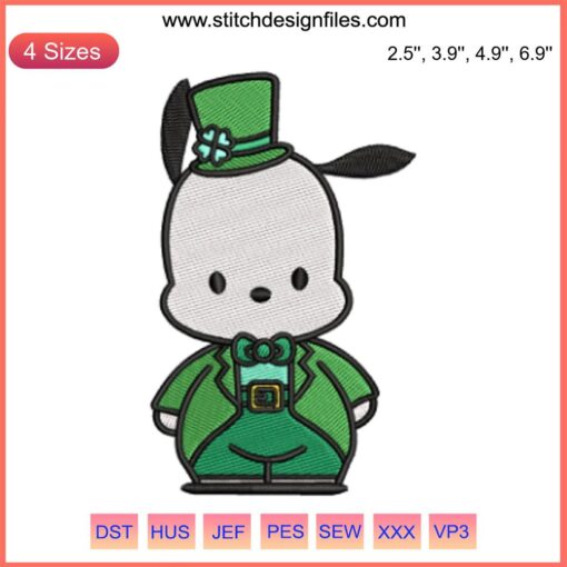 Pochacco St. Patrick's Day Embroidery Design: Sanrio's Pochacco in green hat, holding shamrock; festive digital stitching.