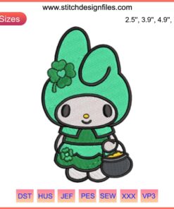My Melody St. Patrick's Day Embroidery Design: Cute Sanrio My Melody in green outfit with shamrock, perfect for festive stitching.