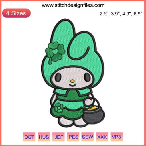 My Melody St. Patrick's Day Embroidery Design: Cute Sanrio My Melody in green outfit with shamrock, perfect for festive stitching.