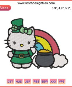 Hello Kitty with Pot of Gold & Rainbow Embroidery Design for St. Patrick's Day, Digital Stitching, Leprechaun Theme