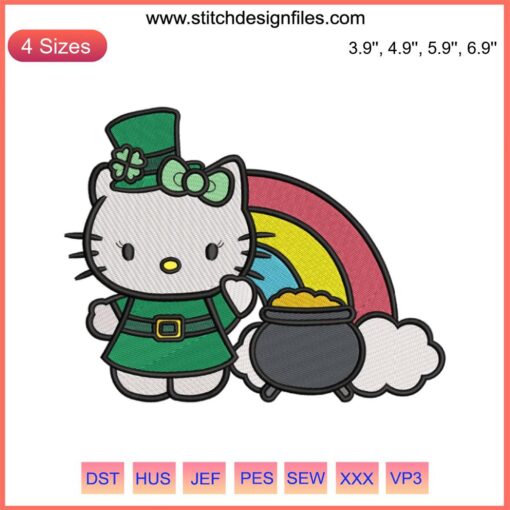 Hello Kitty with Pot of Gold & Rainbow Embroidery Design for St. Patrick's Day, Digital Stitching, Leprechaun Theme