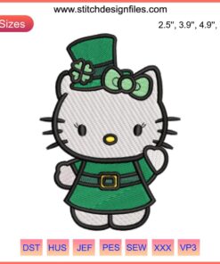 Hello Kitty dressed as a leprechaun in St. Patrick's Day embroidery design, with shamrocks and festive colors.