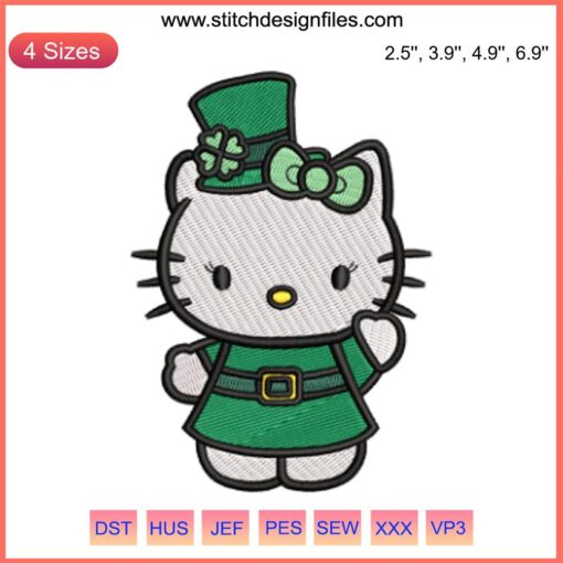 Hello Kitty dressed as a leprechaun in St. Patrick's Day embroidery design, with shamrocks and festive colors.